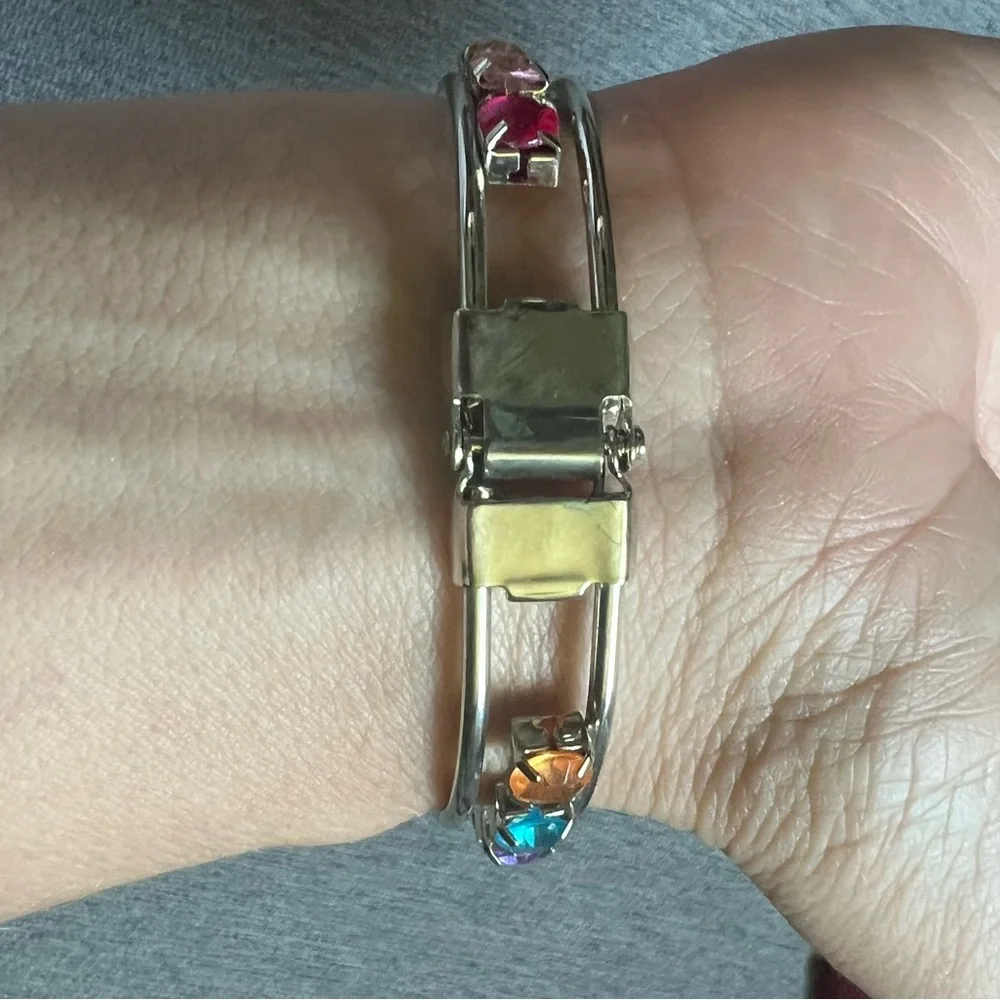 Vintage Silver Tone Hinged Cuff Bracelet Pink Heart & Multicolor Rhinestones